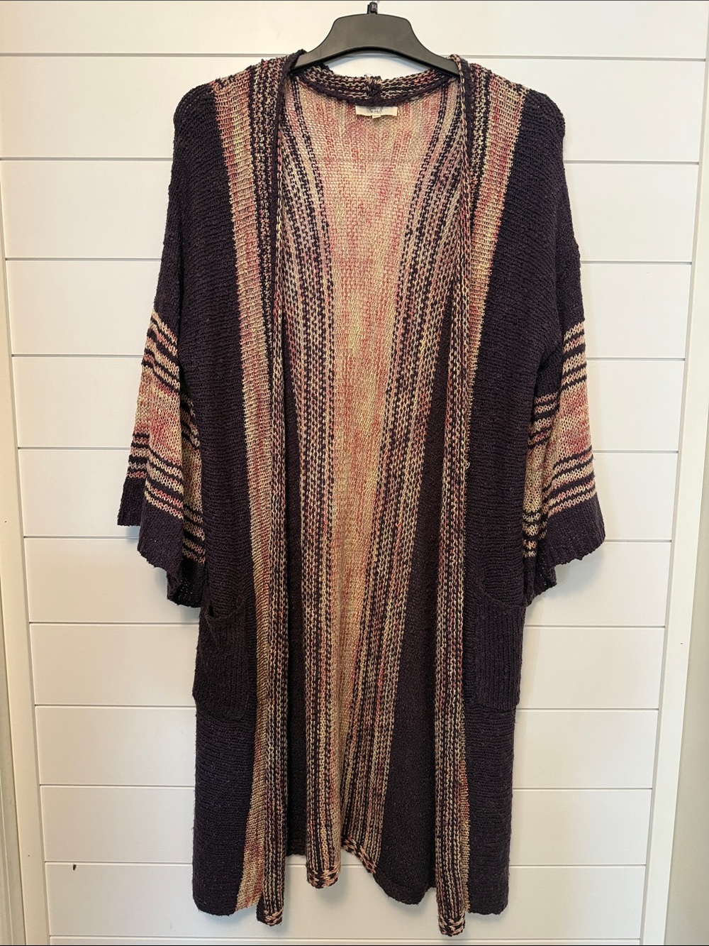 Open-Front Plum and Multicolor Knit Cardigan